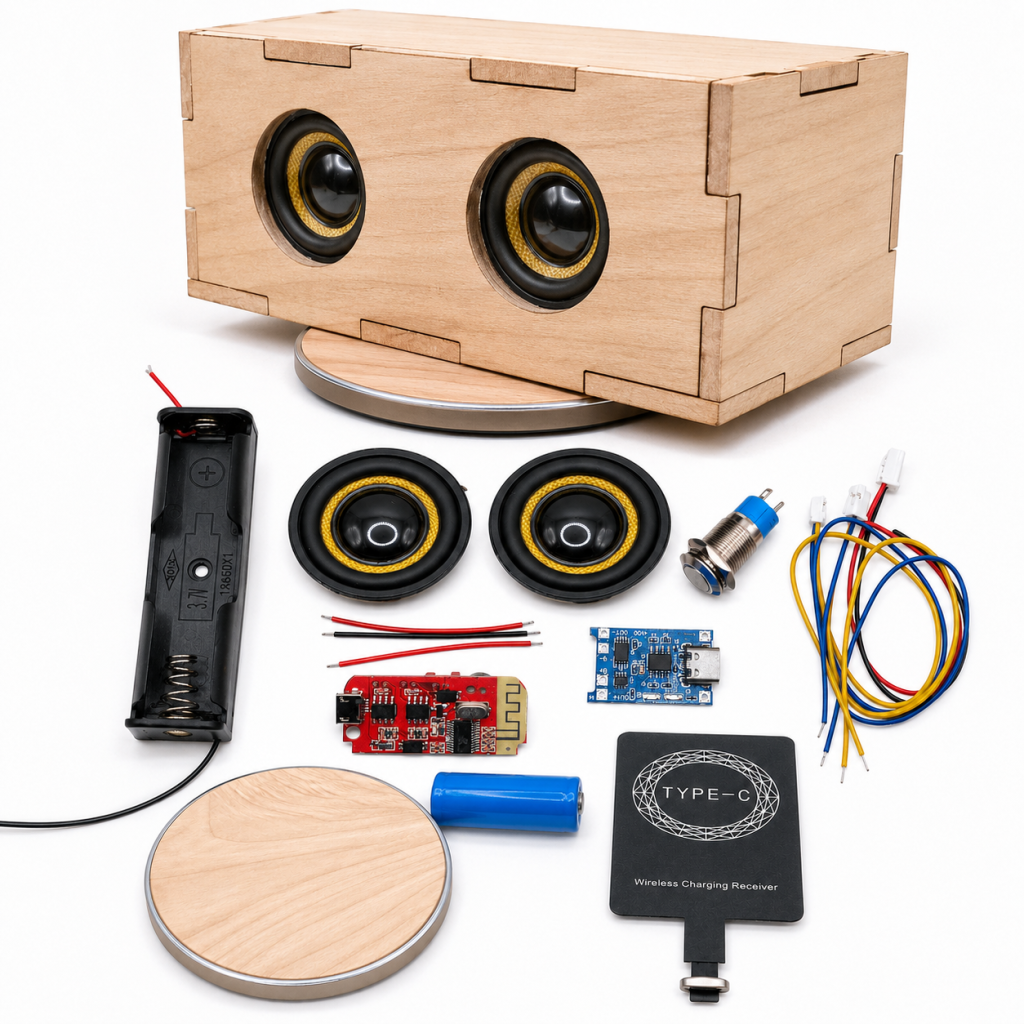 IceTronics Bluetooth speaker kit with Qi wireless charging with wooden case